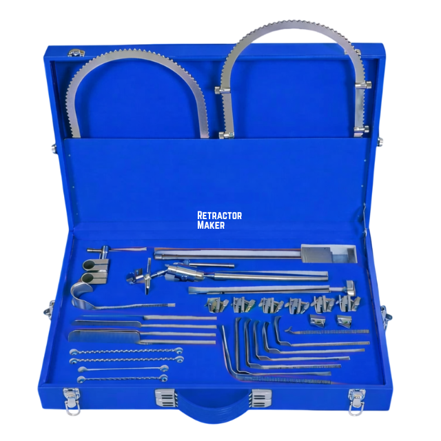 Retractor Maker surgical retractor system set with ring frames, ratchet clamps and blades in a fitted case