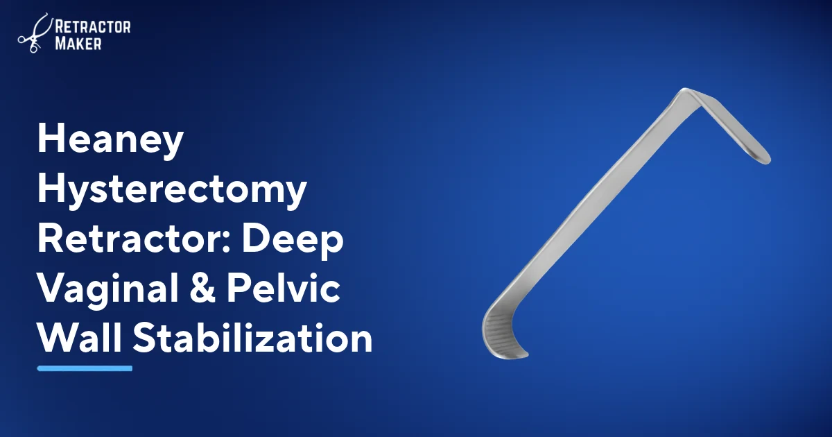 Heaney handheld hysterectomy retractor with flat right-angled blade and curved grip handle