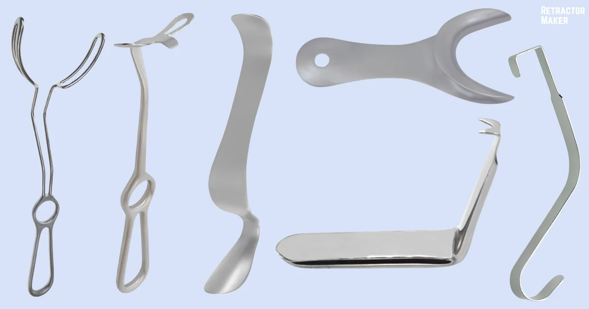 Different types of cheek retractors including Austin, Bishop, Cronin, Hajek, and Martin-Simplex retractors.