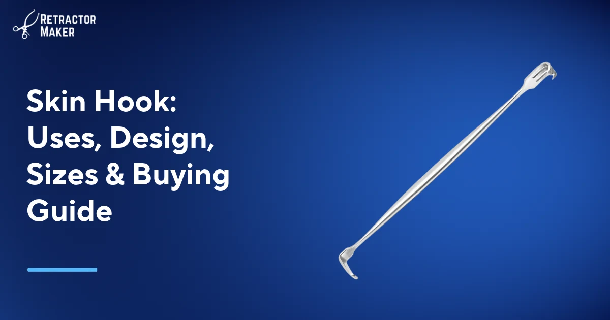 Meyerding-Hauthaken/Retraktor auf einem hellblauen Banner von Retractor Maker.