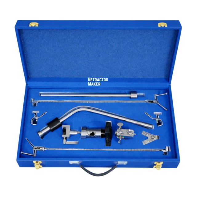 Retractor set with malleable blades, hooks and frame components laid out in a fitted instrument case