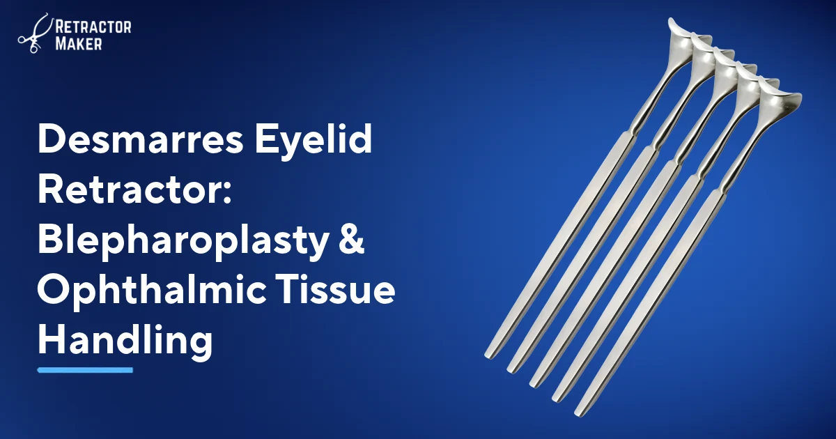 Desmarres eyelid retractor with smooth curved concave saddle blade and slender handle