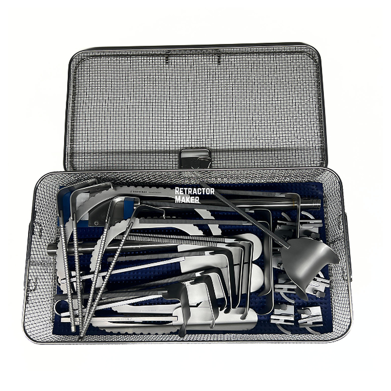 Custom Bookwalter Retractor Individuelles Bookwalter Retractor Set von Retractor Maker in einem perforierten Sterilisationssieb