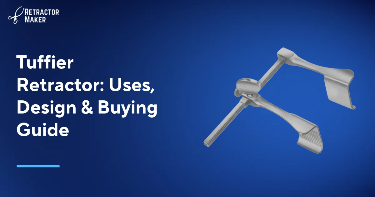 Tuffier Rib Spreader shown on a light blue Retractor Maker banner.