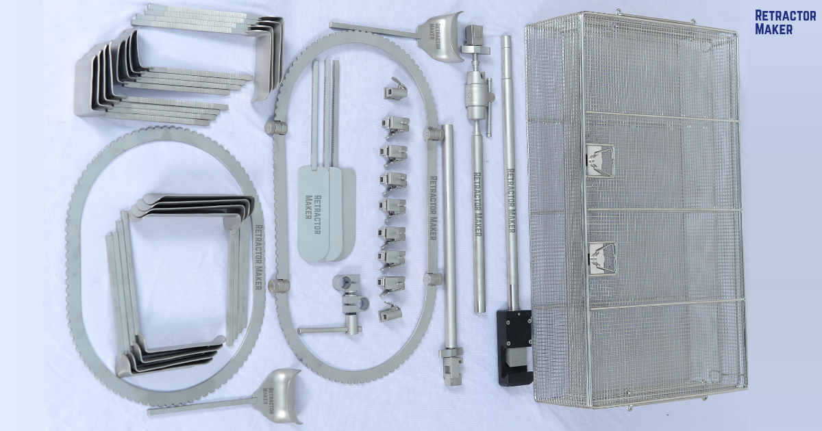 Complete Bookwalter retractor set with frame, blades, posts and sterilization case