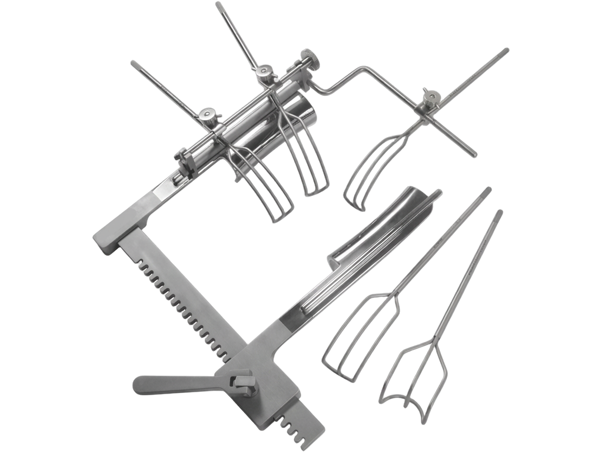 Cardiovascular retractor set with ratcheted sternal frame, mitral valve blades and vein hooks