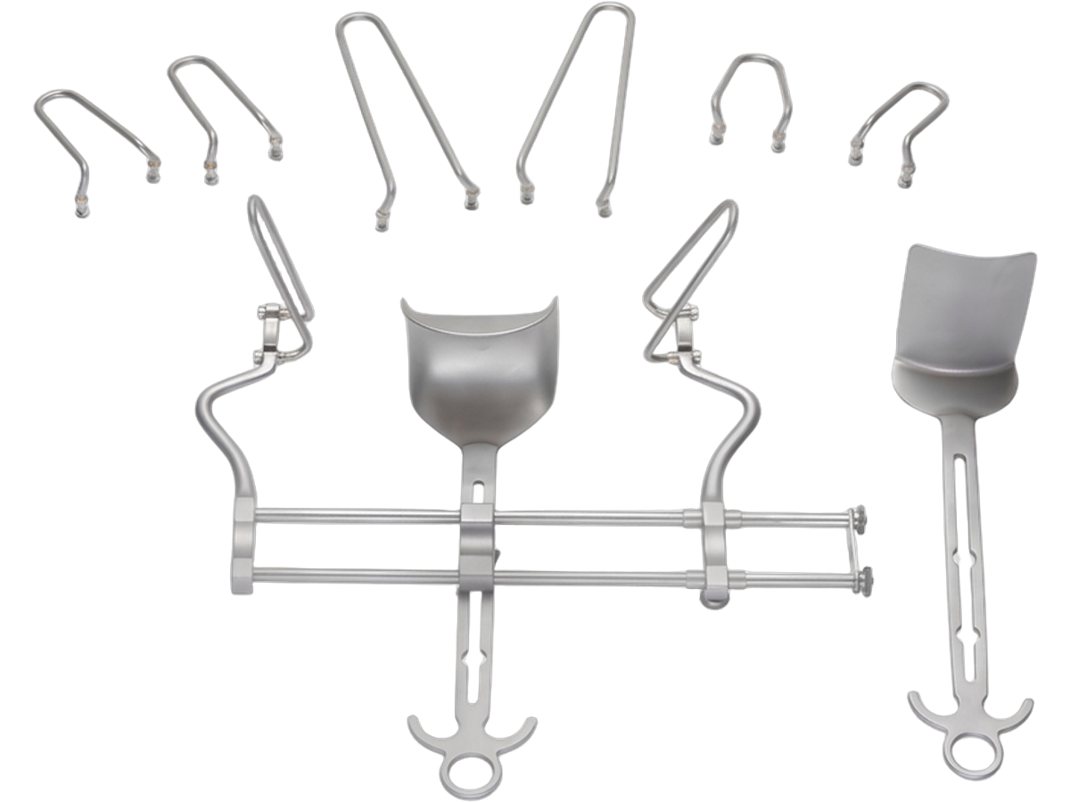 Balfour self-retaining general surgery retractor with abdominal blades and lateral frame arms