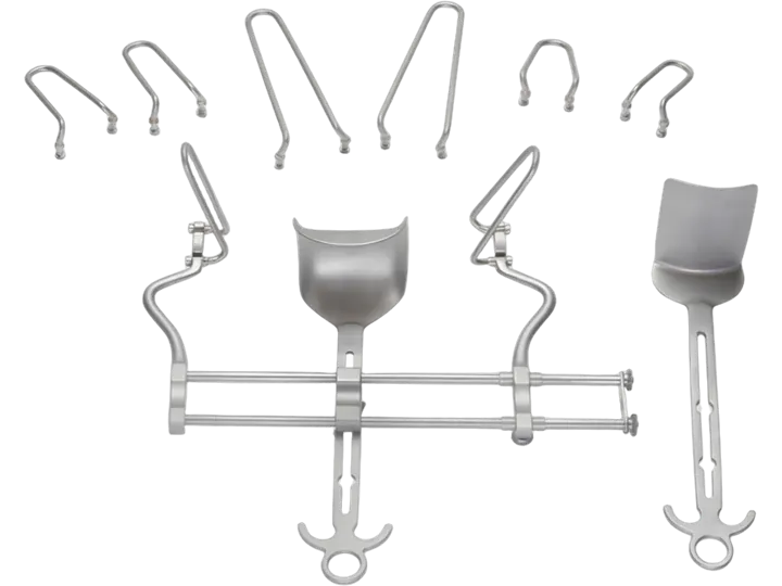 Balfour self-retaining general surgery retractor with abdominal blades and lateral frame arms