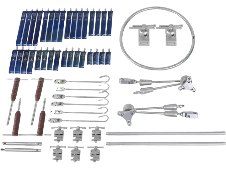 Anterior lumbar surgical access retractor system with blades, ring frame, clamps and table posts