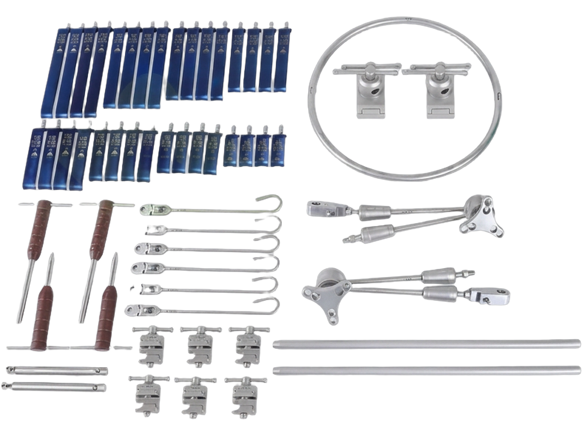 Anterior lumbar surgical access retractor system with blades, ring frame, clamps and table posts