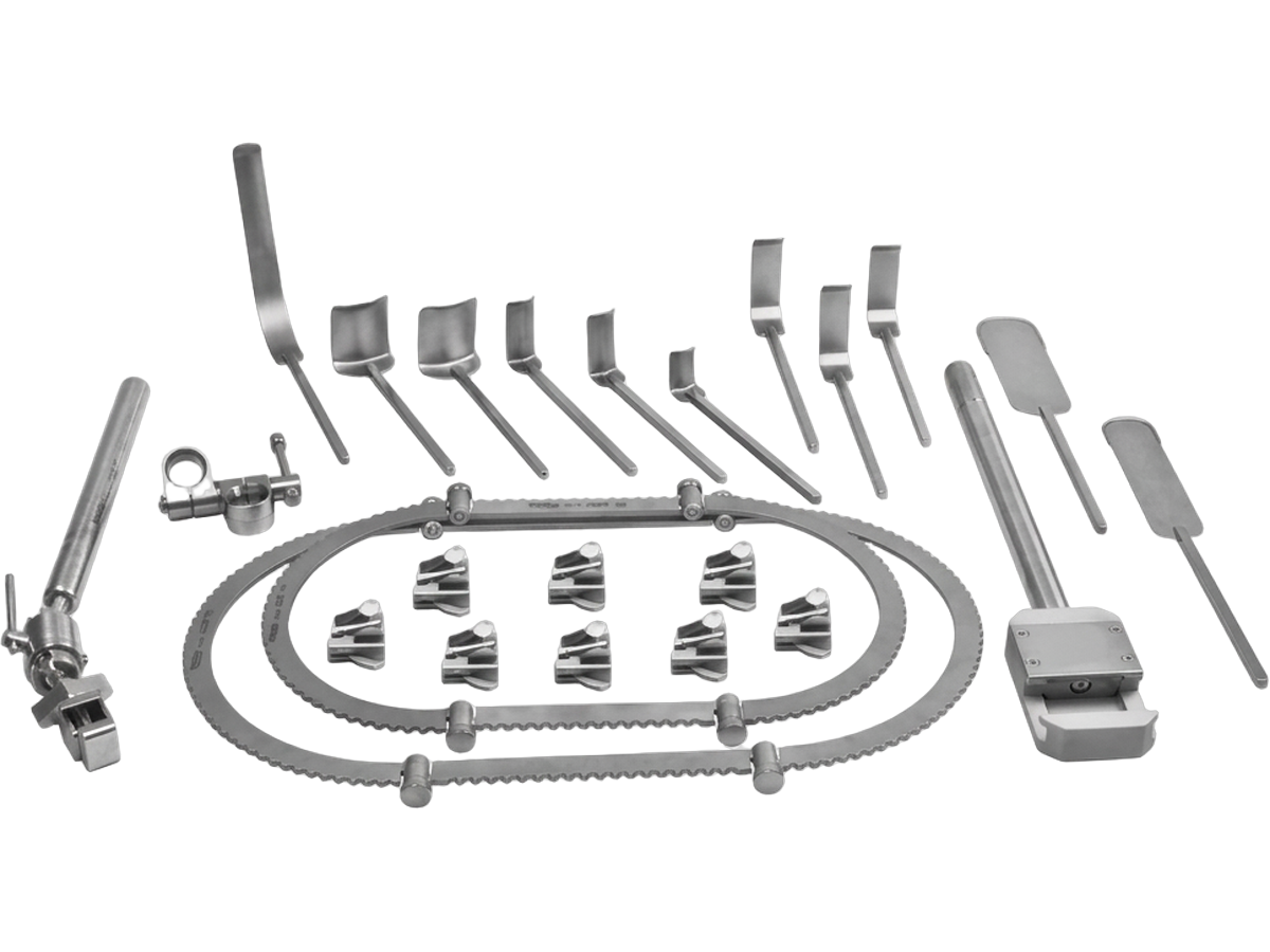 Urology retractor system with oval ring frame, table post, clamps and deep pelvic blades
